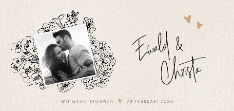 Hippe foto trouwkaart met aquarel en bloemen