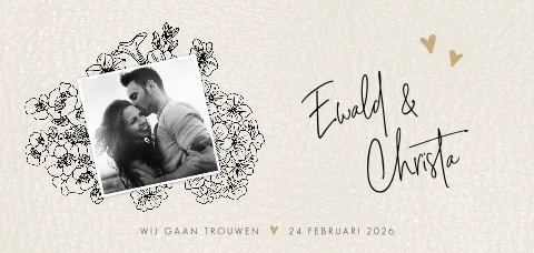 Hippe foto trouwkaart met aquarel en bloemen