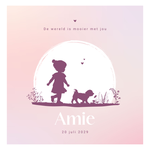 Silhouet geboortekaartje meisje met hondje