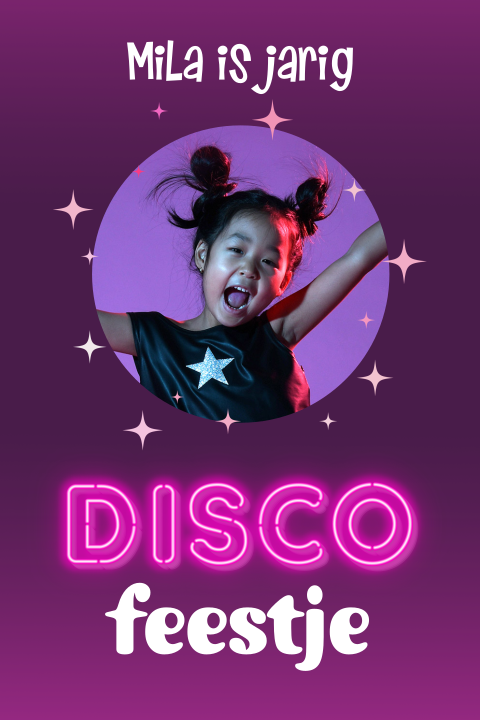 Uitnodiging disco kinderfeestje met neon letters en foto
