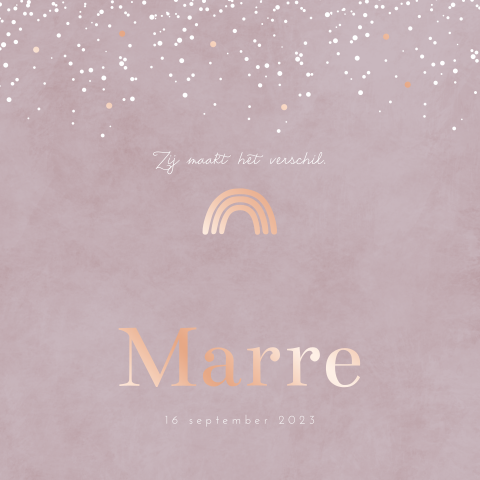 Velvet en regenboog meisjes geboortekaartje met rosefolie