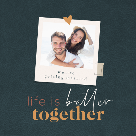 Hippe foto trouwkaart met ronde hoeken en lederlook