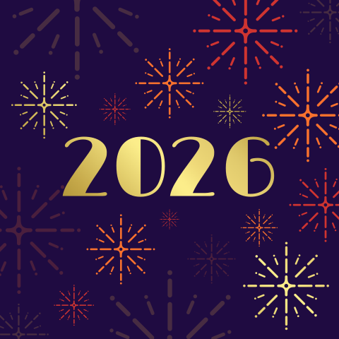 Feestelijke zakelijke kerstkaart met vuurwerk, jaartal 2026 en folie