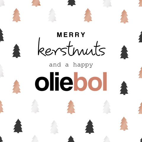 Hippe kerstkaart met de tekst "Merry kerstmuts and a happy oliebol"