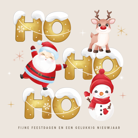 Ho ho ho kerstkaart met kerstman, sneeuwpop en rendier