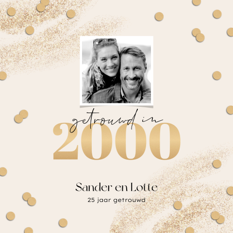 25 jaar getrouwd uitnodiging met goudlook, confetti en foto