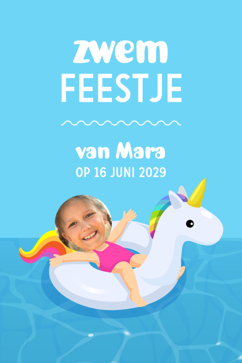 Kinderfeest uitnodiging zwemfeestje met eenhoorn zwemband en foto