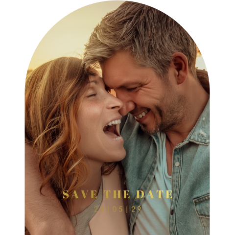 Goudfolie Save the Date kaart in boogvorm met eigen foto