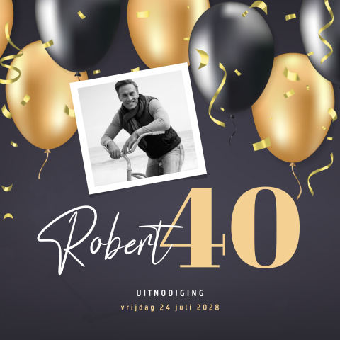 Verjaardagsuitnodiging 40 jaar met ballonnen, eigen foto en confetti