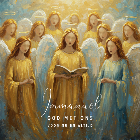 Christelijke kerstkaart engelenkoor zingen Immanuël 