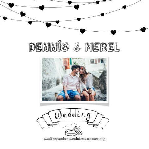 Foto trouwkaart met hartjes slinger en doodles