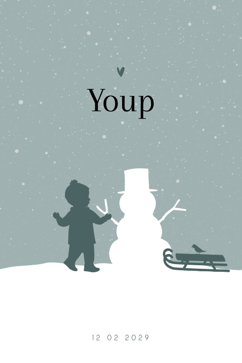 Winter silhouet geboortekaartje jongen met sneeuwpop en slee