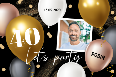 Verjaardagsuitnodiging 40 jaar met eigen foto, ballonnen en confetti