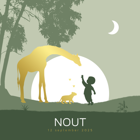 Silhouet geboortekaartje jongen met boom, giraffe, welpje en maan