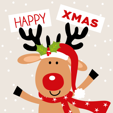Vrolijke kerstkaart met rendier en happy xmas