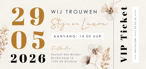 Ticket trouwkaart met aquarel bloemen