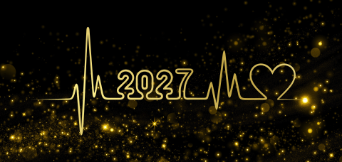 Zorg kerstkaart zakelijk met hartslag, jaartal 2027 en luxe goudfolie