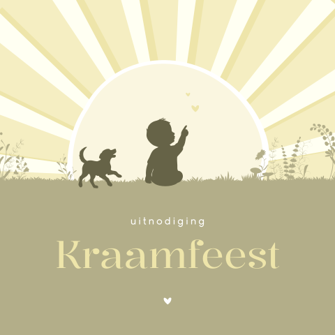 Kraamfeest uitnodiging silhouet jongen en hond bij zon