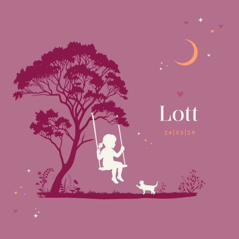 Silhouet meisjes geboortekaartje met meisje op schommel en kat