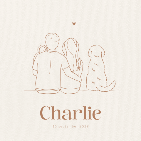 Unisex geboortekaartje met lijntekening gezin met hond labradoodle