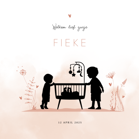Zusje in wieg met grote broers silhouet kaartje