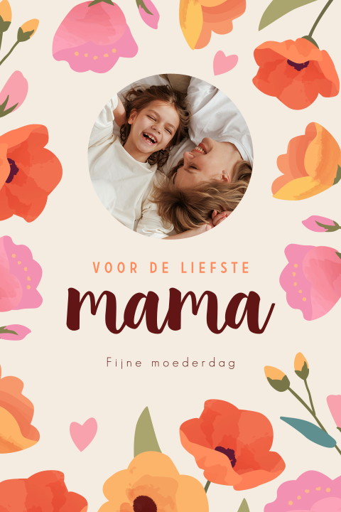 Vrolijke Moederdag wenskaart met bloemen en eigen foto