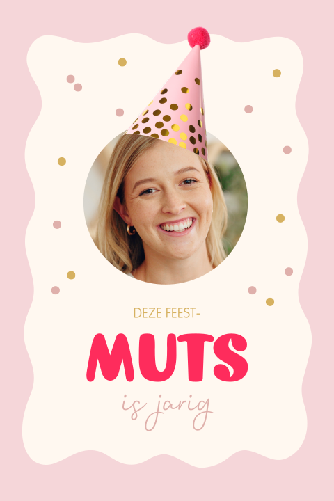 Grappige verjaardagsuitnodiging met confetti, feestmuts en eigen foto