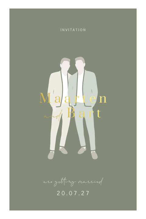Twee mannen silhouet trouwkaart met goudfolie