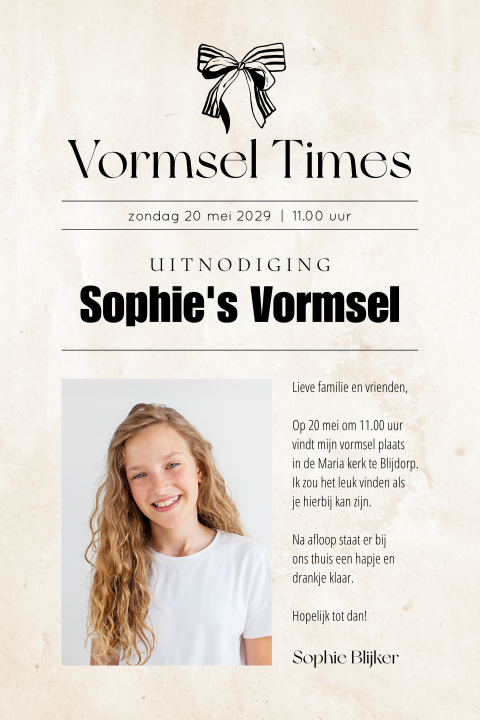 Uitnodiging vormsel krant met foto en strik illustratie