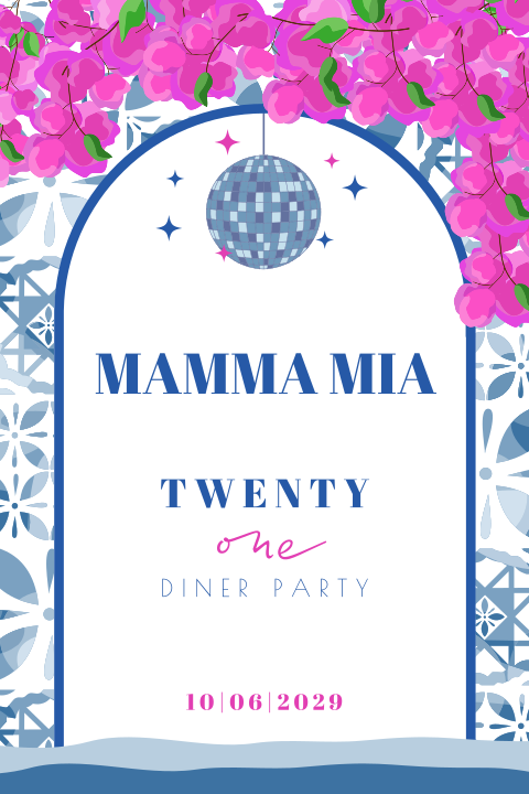 Mamma Mia uitnodiging met discobal en bloemen 21 jaar