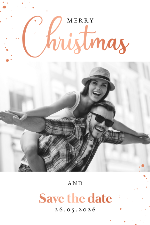 Rustige Save the Date kerstkaart met foto en spetters