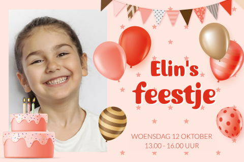 Kinderfeestje uitnodiging voor een meisje met taart, ballonnen en foto