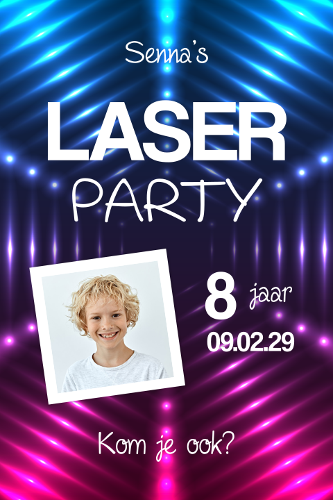 Kinderfeestje uitnodiging lasergamen met eigen foto