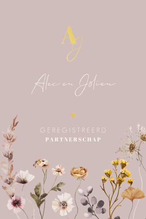Luxe geregistreerd partnerschap uitnodiging met initialen en bloemen