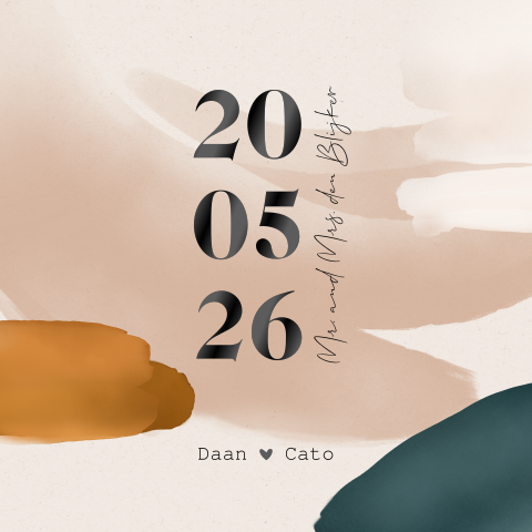 Trouwkaart met zwartfolie en aquarel vegen in trendy kleuren