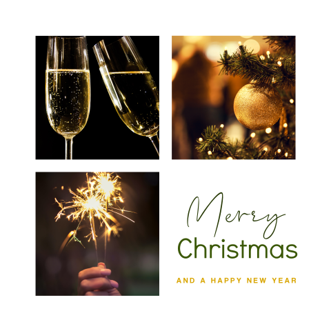 Kerstkaart goed doel met foto's champagne, vuurwerk en kerstboom