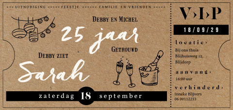Ticket uitnodiging voor een dubbel feest in kartonlook
