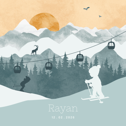 Berglandschap geboortekaartje jongen op skipiste in winter