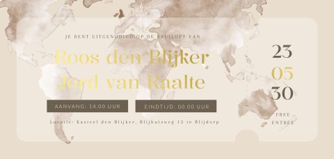 Wereldkaart ticketvorm trouwkaart met foliedruk