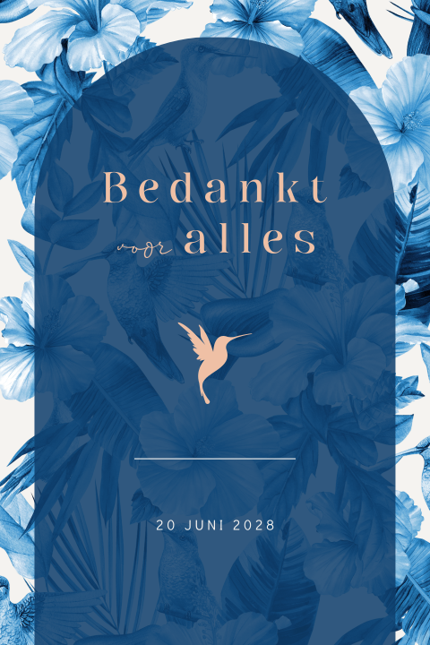 Bedankkaart Delfts blauwe kleur met kolibrie vogels en bloemen