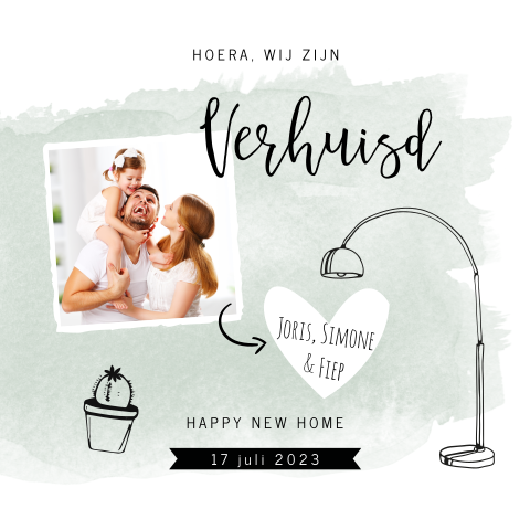 Vrolijk verhuiskaart met watercolor achtergrond en eigen foto