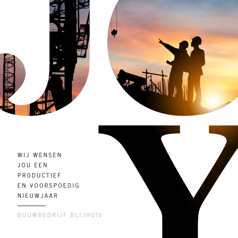 Bouw kerstkaart Joy met foto bouwvakkers bouwplaats en logo