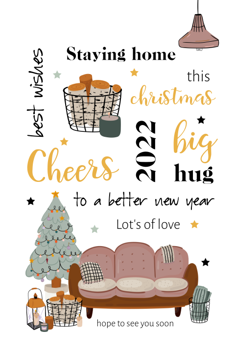 Kerstkaart thuis kerst vieren met vrolijke illustraties