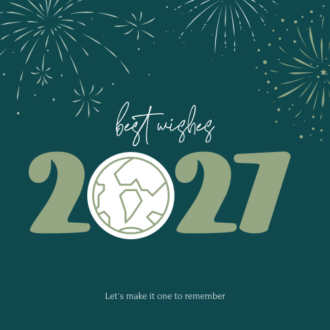 Vuurwerk kerstkaart zakelijk jaartal 2027 met wereldbol