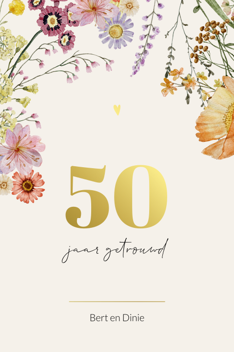 Luxe 50 jaar getrouwd jubileumuitnodiging met bloemen