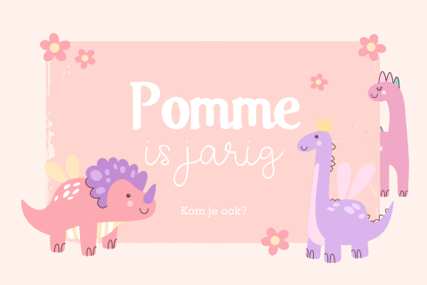 Kinderfeestje uitnodiging met schattige dino's en bloemen