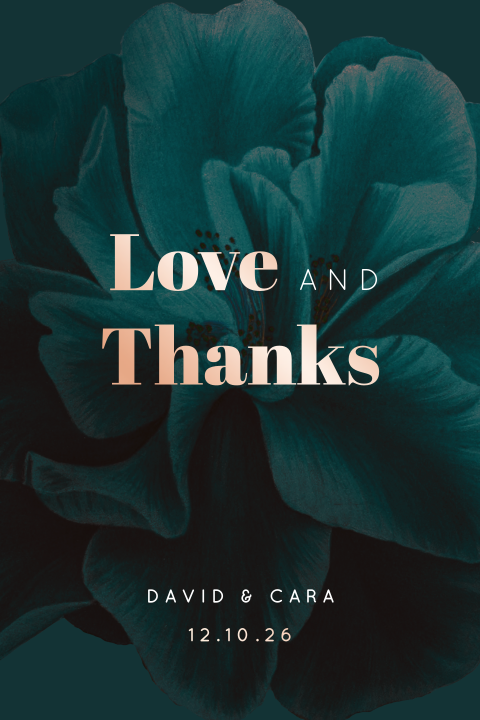 Moderne bedankkaart met ronde hoeken, roségoudfolie en bloem