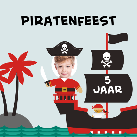 Piratenfeestje uitnodiging met piratenschip en piraat met eigen foto
