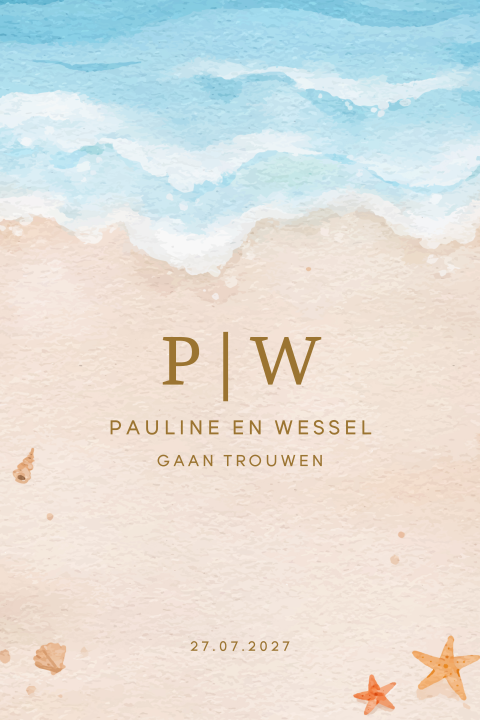 Trouwkaart met strand, zee en schelpen