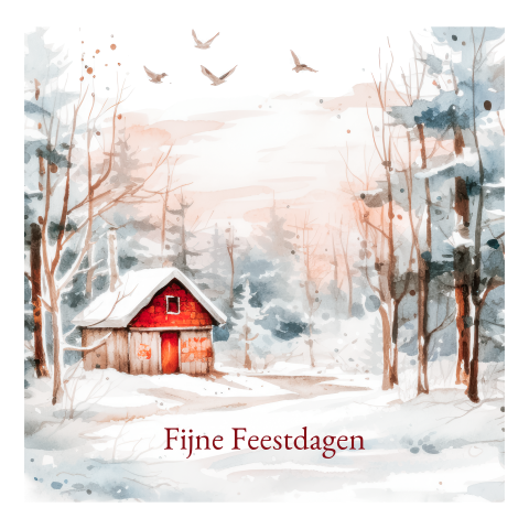 Winterlandschap kerstkaart met een knus huisje, sneeuw en bomen